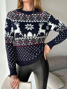 EURMUSE Christmas Pattern Raglan Sleeve Sweater - Navy Blue - View 6