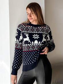 EURMUSE Christmas Pattern Raglan Sleeve Sweater - Navy Blue - View 4