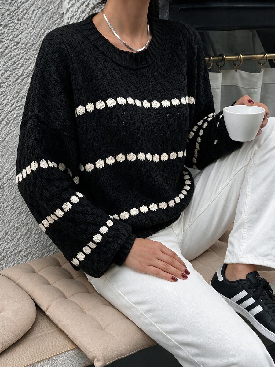 EURMUSE Striped Pattern Drop Shoulder Sweater