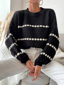 EURMUSE Striped Pattern Drop Shoulder Sweater - Black - View 9