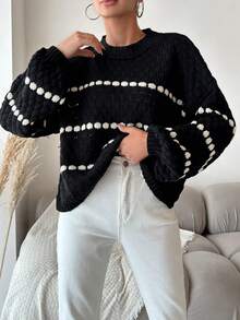 EURMUSE Striped Pattern Drop Shoulder Sweater - Black - View 8