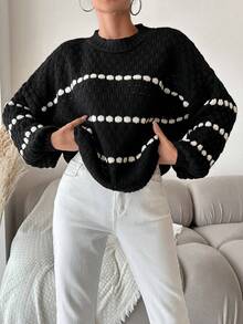 EURMUSE Striped Pattern Drop Shoulder Sweater - Black - View 5