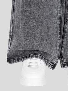 SHEIN Tween Girl Light Grey Fashion Simple Casual Streetwear Rhinestone Decorated Loose Wide Leg Washed Denim Pants Summer Everyday School - Grey - View 6