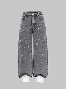 SHEIN Tween Girl Light Grey Fashion Simple Casual Streetwear Rhinestone Decorated Loose Wide Leg Washed Denim Pants Summer Everyday School - Grey - View 8