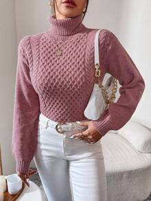 EURMUSE Turtleneck Cable Knit Jumper - Pink - View 5