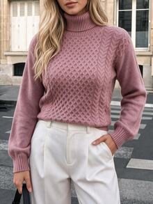 EURMUSE Turtleneck Cable Knit Jumper - Pink - View 9