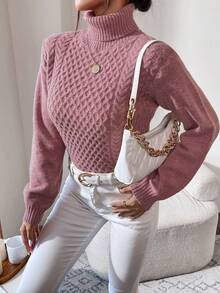 EURMUSE Turtleneck Cable Knit Jumper - Pink - View 6