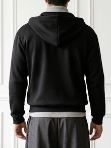 HUEFORM Men's Black Short Loose Fit Sweatshirt Hoodie, Chinese Frog Button Design,Thickened, Warm Fabric; Suitable For Both Going Out And Lounging At Home - Black - View 2