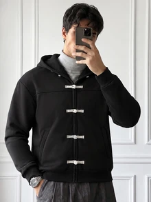 HUEFORM Men's Black Short Loose Fit Sweatshirt Hoodie, Chinese Frog Button Design,Thickened, Warm Fabric; Suitable For Both Going Out And Lounging At Home - Black - View 5