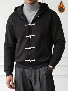 HUEFORM Men's Black Short Loose Fit Sweatshirt Hoodie, Chinese Frog Button Design,Thickened, Warm Fabric; Suitable For Both Going Out And Lounging At Home - Black - View 6
