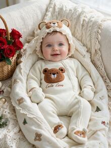SHEIN 1pc Newborn Baby Footed Romper Cute Sweet Beige Cream Bear Applique Ribbed Long Sleeve Round Neck Regular Birthday Fall Winter Embroidery - Khaki - View 1