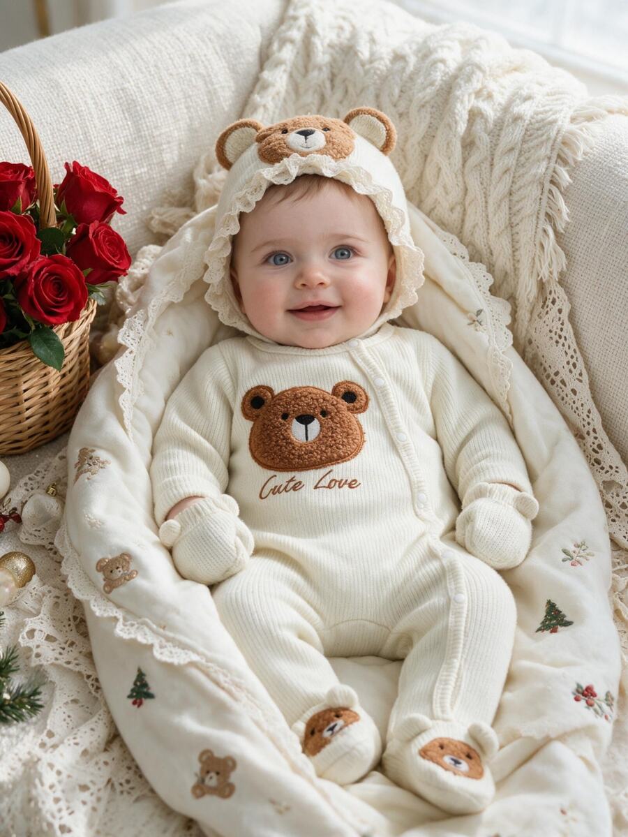 SHEIN 1pc Newborn Baby Footed Romper Cute Sweet Beige Cream Bear Applique Ribbed Long Sleeve Round Neck Regular Birthday Fall Winter Embroidery - Khaki - View 1