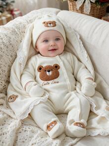 SHEIN 1pc Newborn Baby Footed Romper Cute Sweet Beige Cream Bear Applique Ribbed Long Sleeve Round Neck Regular Birthday Fall Winter Embroidery - Khaki - View 2