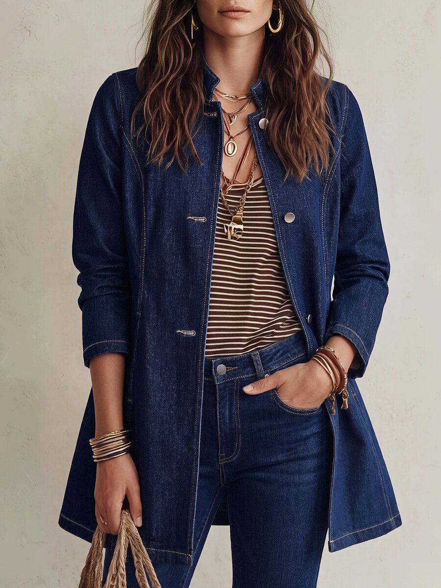 Balvessa Women's Outdoor Fashion Button-Up Pocket Slim Fit Raw Denim Blue Denim Jacket - Dark Wash - View 1