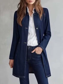 Balvessa Women's Outdoor Fashion Button-Up Pocket Slim Fit Raw Denim Blue Denim Jacket - Dark Wash - View 3