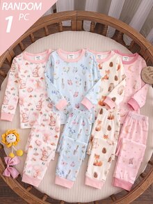 SHEIN Baby Girls Cute Fitted Cartoon Pattern Loungewear Set - Pink - View 1