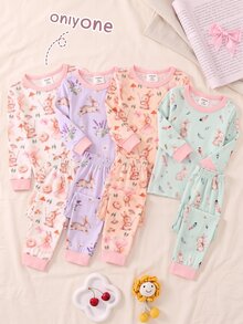 SHEIN Baby Girls Cute Fitted Cartoon Pattern Loungewear Set - Pink - View 3