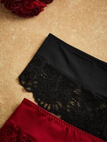 Snug Zone Plus Size Women Lace Patchwork Thong Panties Black, Burgundy 2pcs/Pack - Multicolor - View 3