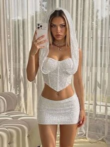 SHEIN ICON Valentine's Day Going Out Tops Women 2pcs/Set Spaghetti Strap Spaghetti Strap Top + Sequin Decorated High Waist Skirt - Apricot - View 1