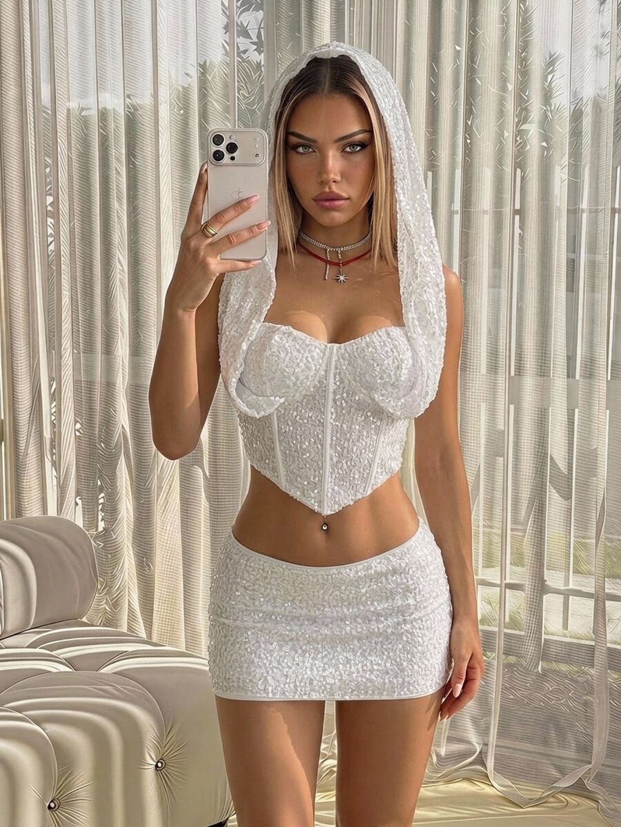 SHEIN ICON Valentine's Day Going Out Tops Women 2pcs/Set Spaghetti Strap Spaghetti Strap Top + Sequin Decorated High Waist Skirt - Apricot - View 1