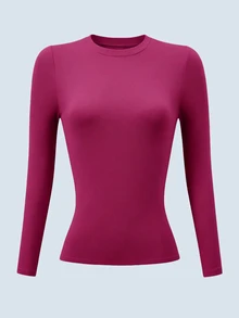 INAWLY Plus Size Women's Solid Color Round Neck Long Sleeve Slim Fit Crew Neck T-Shirt, Casual Basic Tight Base Layer Top, Daily Wear Knitted Ribbed Tee - Multicolor - View 3