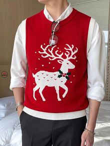 Manfinity Homme Men's Casual Daily Knit Vest With Deer Pattern - Multicolor - View 2