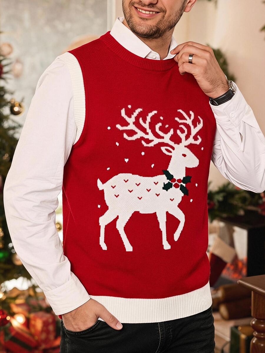 Manfinity Homme Men's Casual Daily Knit Vest With Deer Pattern - Multicolor - View 1