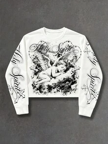 ROMWE MEN Men's Loose Fit Crew Neck Long Sleeve T-Shirt With Angel Print - White - View 1