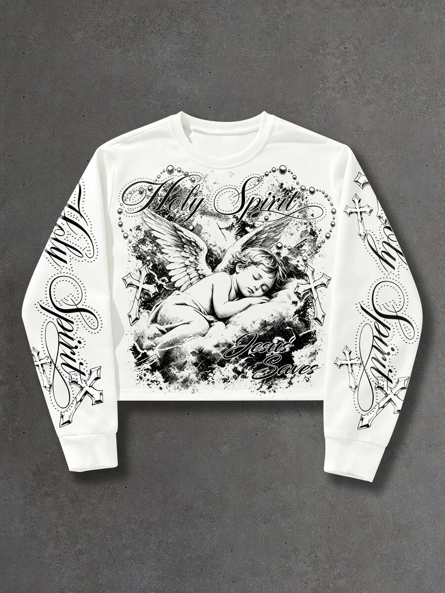 ROMWE MEN Men's Loose Fit Crew Neck Long Sleeve T-Shirt With Angel Print - White - View 1