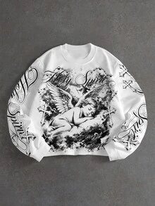 ROMWE MEN Men's Loose Fit Crew Neck Long Sleeve T-Shirt With Angel Print - White - View 6