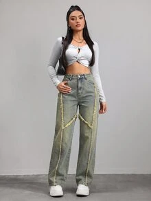 Jeanoix 女款休閒日常牛仔褲，附口袋、鈕扣與毛邊褲腳 - 黃色 - 查看 3