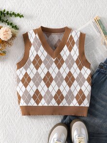 SHEIN Tween Girls Cute Brown Argyle Sweater Vest, Pullover Style, Preppy Fashion, Autumn/Winter Outerwear, Vacation Essential - Brown - View 8