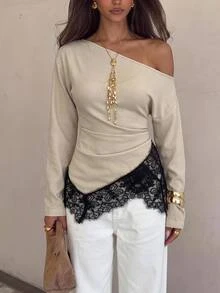 Siren Gaze Women's Fall Lace Patchwork Contrast Color Asymmetrical Shoulder Long Sleeve Blouse Brunch Night Out Tea Party Beige Sexy Elegant - Apricot - View 12