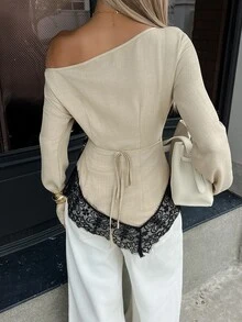 Siren Gaze Women's Fall Lace Patchwork Contrast Color Asymmetrical Shoulder Long Sleeve Blouse Brunch Night Out Tea Party Beige Sexy Elegant - Apricot - View 2