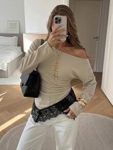 Siren Gaze Women's Fall Lace Patchwork Contrast Color Asymmetrical Shoulder Long Sleeve Blouse Brunch Night Out Tea Party Beige Sexy Elegant - Apricot - View 11