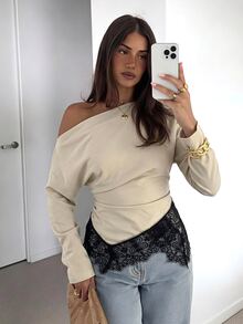 Siren Gaze Women's Fall Lace Patchwork Contrast Color Asymmetrical Shoulder Long Sleeve Blouse Brunch Night Out Tea Party Beige Sexy Elegant - Apricot - View 9