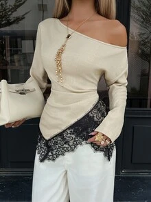 Siren Gaze Women's Fall Lace Patchwork Contrast Color Asymmetrical Shoulder Long Sleeve Blouse Brunch Night Out Tea Party Beige Sexy Elegant - Apricot - View 5