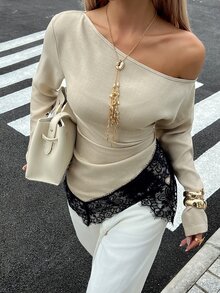 Siren Gaze Women's Fall Lace Patchwork Contrast Color Asymmetrical Shoulder Long Sleeve Blouse Brunch Night Out Tea Party Beige Sexy Elegant - Apricot - View 6