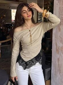 Siren Gaze Women's Fall Lace Patchwork Contrast Color Asymmetrical Shoulder Long Sleeve Blouse Brunch Night Out Tea Party Beige Sexy Elegant - Apricot - View 10