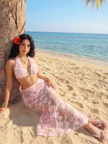 SHEIN ICON 女款度假海灘3D花卉透視網紗裙 - 粉色 - 查看 5