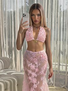 SHEIN ICON 女款度假海灘3D花卉透視網紗裙 - 粉色 - 查看 1