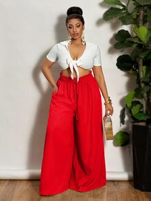 Veslaya Plus Size Women Holiday Textured High Waisted Wide Leg Pants,Summer Pants Fall - Red - View 3