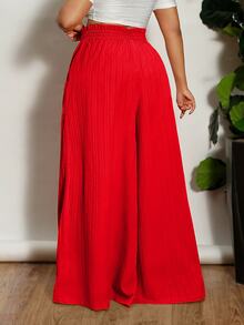 Veslaya Plus Size Women Holiday Textured High Waisted Wide Leg Pants,Summer Pants Fall - Red - View 2