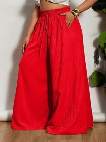 Veslaya Plus Size Women Holiday Textured High Waisted Wide Leg Pants,Summer Pants Fall - Red - View 6