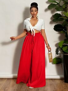 Veslaya Plus Size Women Holiday Textured High Waisted Wide Leg Pants,Summer Pants Fall - Red - View 5