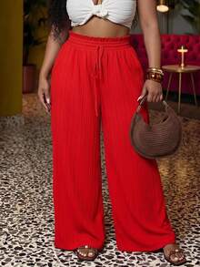 Veslaya Plus Size Women Holiday Textured High Waisted Wide Leg Pants,Summer Pants Fall - Red - View 1