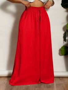 Veslaya Plus Size Women Holiday Textured High Waisted Wide Leg Pants,Summer Pants Fall - Red - View 7