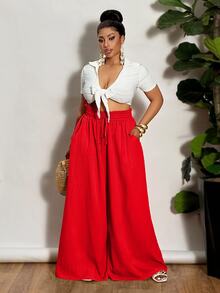 Veslaya Plus Size Women Holiday Textured High Waisted Wide Leg Pants,Summer Pants Fall - Red - View 4