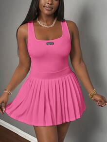 Veslaya New Spring/Summer Casual Basic U-Neck Backless Tank Top, Black Label With White Text - Sugar Pink - View 6