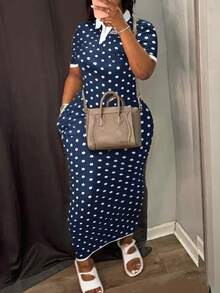 Veslaya Women's Polka Dot Dress Summer Navy Blue Smart Casual Retro 1960s 90s 1950s Vintage Elegant Formal Vacation Midi Bodycon White Edge - Blue and White - View 9